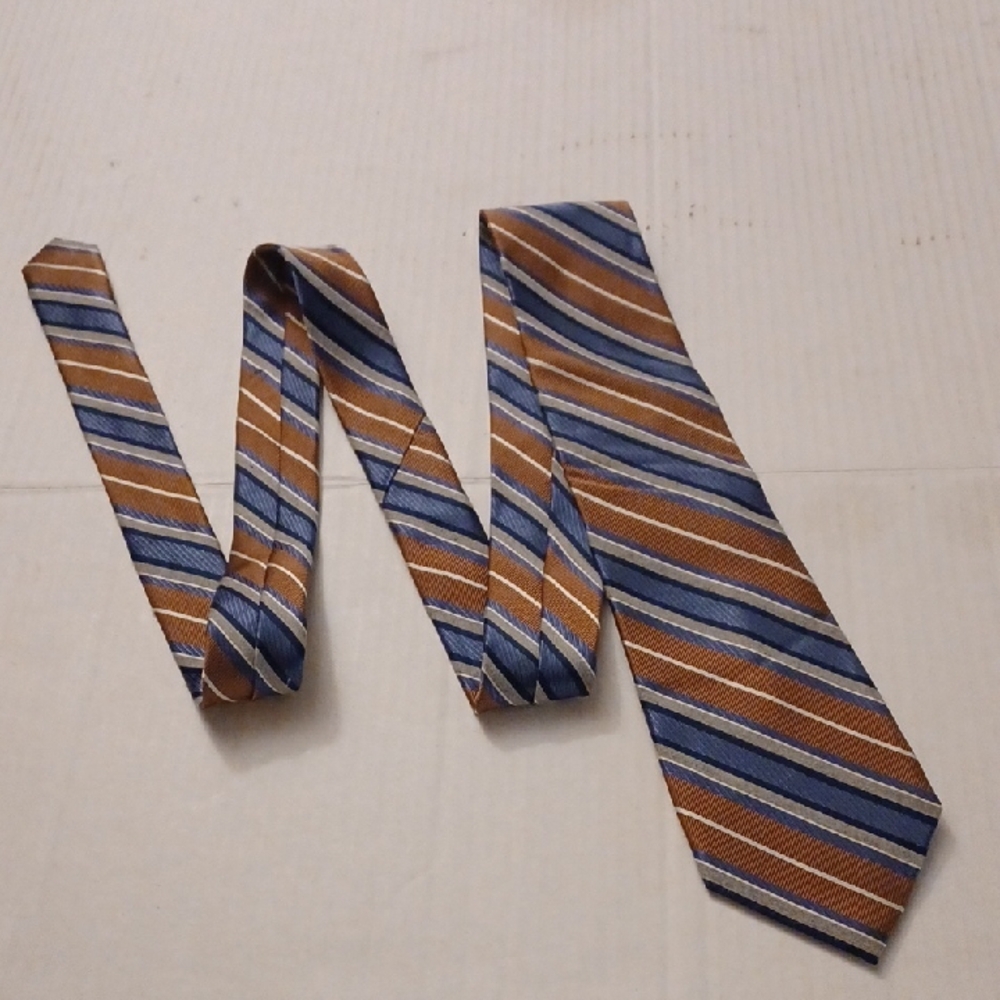 4/$80 Striped Blue, Gray & Tan Silk Tie